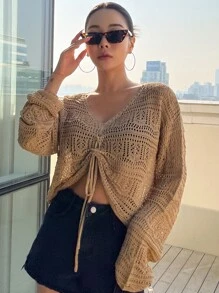 DAZY 前抽繩落肩袖網眼針織套頭毛衣不附胸罩 - 駝色 - 查看 4