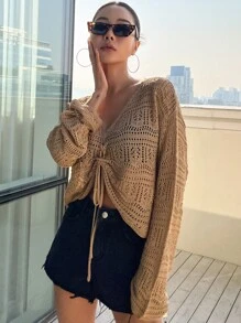 DAZY 前抽繩落肩袖網眼針織套頭毛衣不附胸罩 - 駝色 - 查看 5