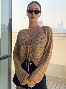DAZY 前抽繩落肩袖網眼針織套頭毛衣不附胸罩 - 駝色 - 查看 7