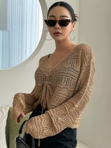 DAZY 前抽繩落肩袖網眼針織套頭毛衣不附胸罩 - 駝色 - 查看 8