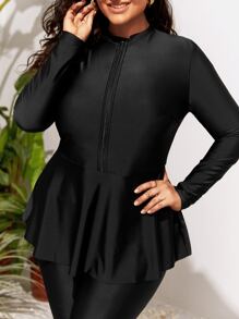 SHEIN Swim Curve Plus Size Zip Front Ruffle Hem Full Body Swimwear - Black - View 4