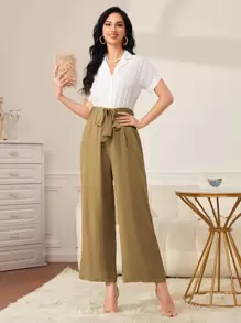 SHEIN Frenchy Colourblock Lapel Collar Half Button Wide Leg Belted Jumpsuit - Khaki - View 1