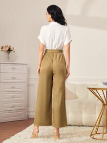 SHEIN Frenchy Colourblock Lapel Collar Half Button Wide Leg Belted Jumpsuit - Khaki - View 2