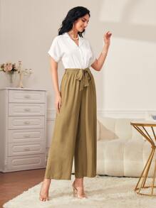 SHEIN Frenchy Colourblock Lapel Collar Half Button Wide Leg Belted Jumpsuit - Khaki - View 4