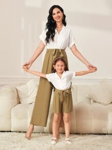 SHEIN Frenchy Colourblock Lapel Collar Half Button Wide Leg Belted Jumpsuit - Khaki - View 5