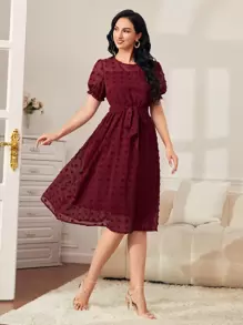 SHEIN LUNE 1pc Swiss Dot Puff Sleeve Dress - Burgundy - View 1