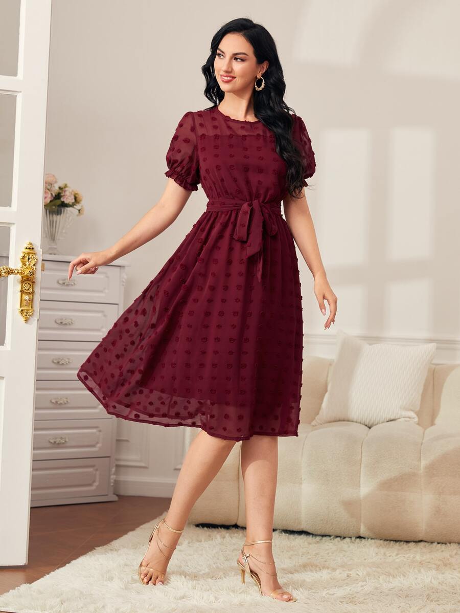 SHEIN LUNE 1pc Swiss Dot Puff Sleeve Dress - Burgundy - View 1