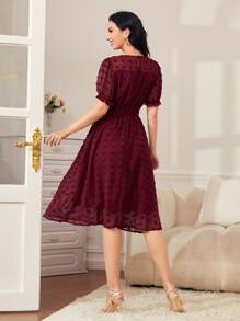 SHEIN LUNE 1pc Swiss Dot Puff Sleeve Dress - Burgundy - View 2