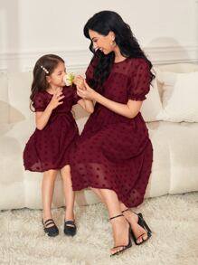 SHEIN LUNE 1pc Swiss Dot Puff Sleeve Dress - Burgundy - View 3