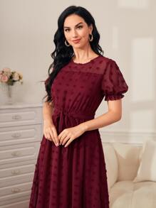 SHEIN LUNE 1pc Swiss Dot Puff Sleeve Dress - Burgundy - View 5