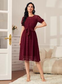 SHEIN LUNE 1pc Swiss Dot Puff Sleeve Dress - Burgundy - View 6