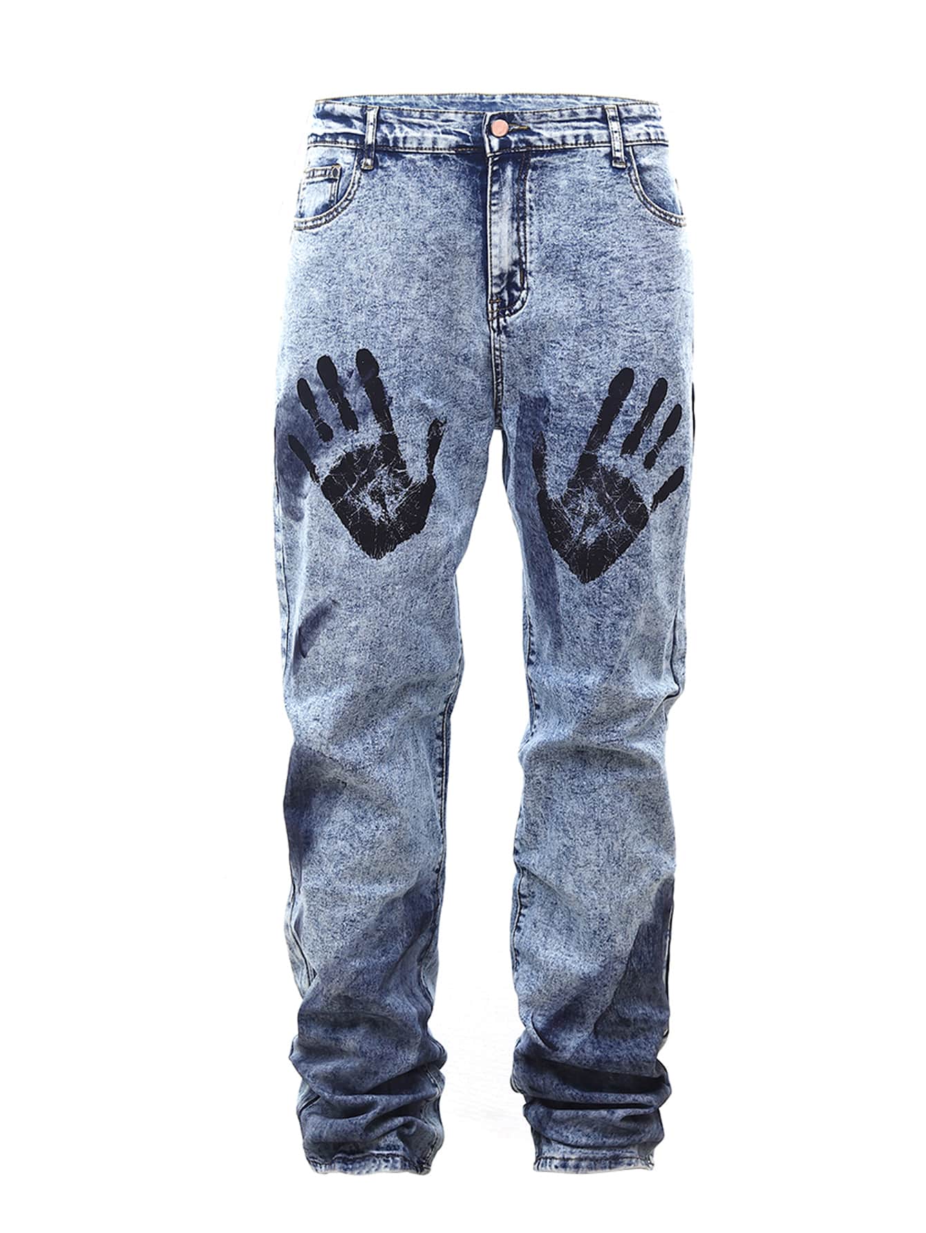 Men Palm Print Zipper Fly Jeans - Medium Wash - View 1