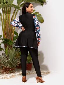 Plus Size Tropical Print Zip Front Full Body Swimwear - Black - View 2