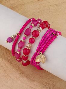 4 piezas Pulsera con cuenta con diseño de hoja - Rosa Fucsia - Ver 3