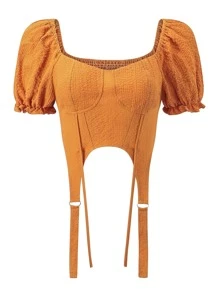 SHEIN ICON Puff Sleeve Shirred Back Garter Blouse - Mustard Yellow - View 6