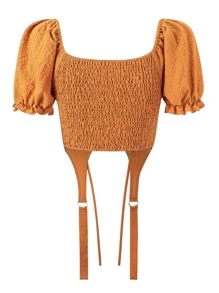 SHEIN ICON Puff Sleeve Shirred Back Garter Blouse - Mustard Yellow - View 7