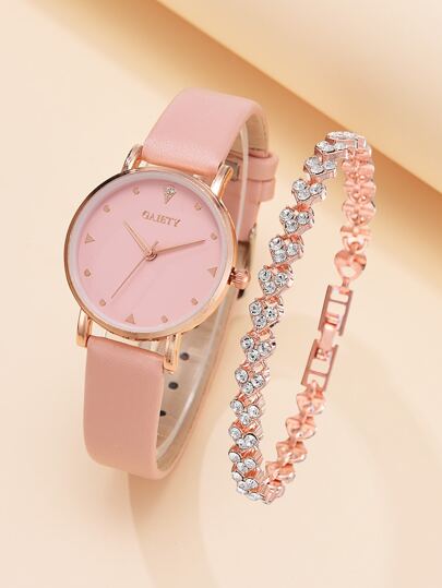 1pc Ladies Watch Round Pointer Quartz Watch & 1pc Bracelet