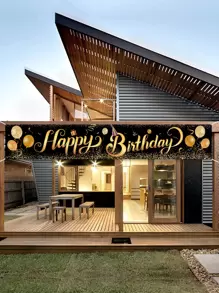 1pc 40*240cm Extended Version Black Gold Balloon Pattern Gesign Birthday Polyester Banner With "Happy Birthday", Background Cloth Perfect Decoration Birthday Party, Boy And Girl's Birthday Coming-Of-Age Ceremony Baby Shower Family Holiday Party Room Wall Decoration, Outdoor Fence Decoration - Multicolor - View 1