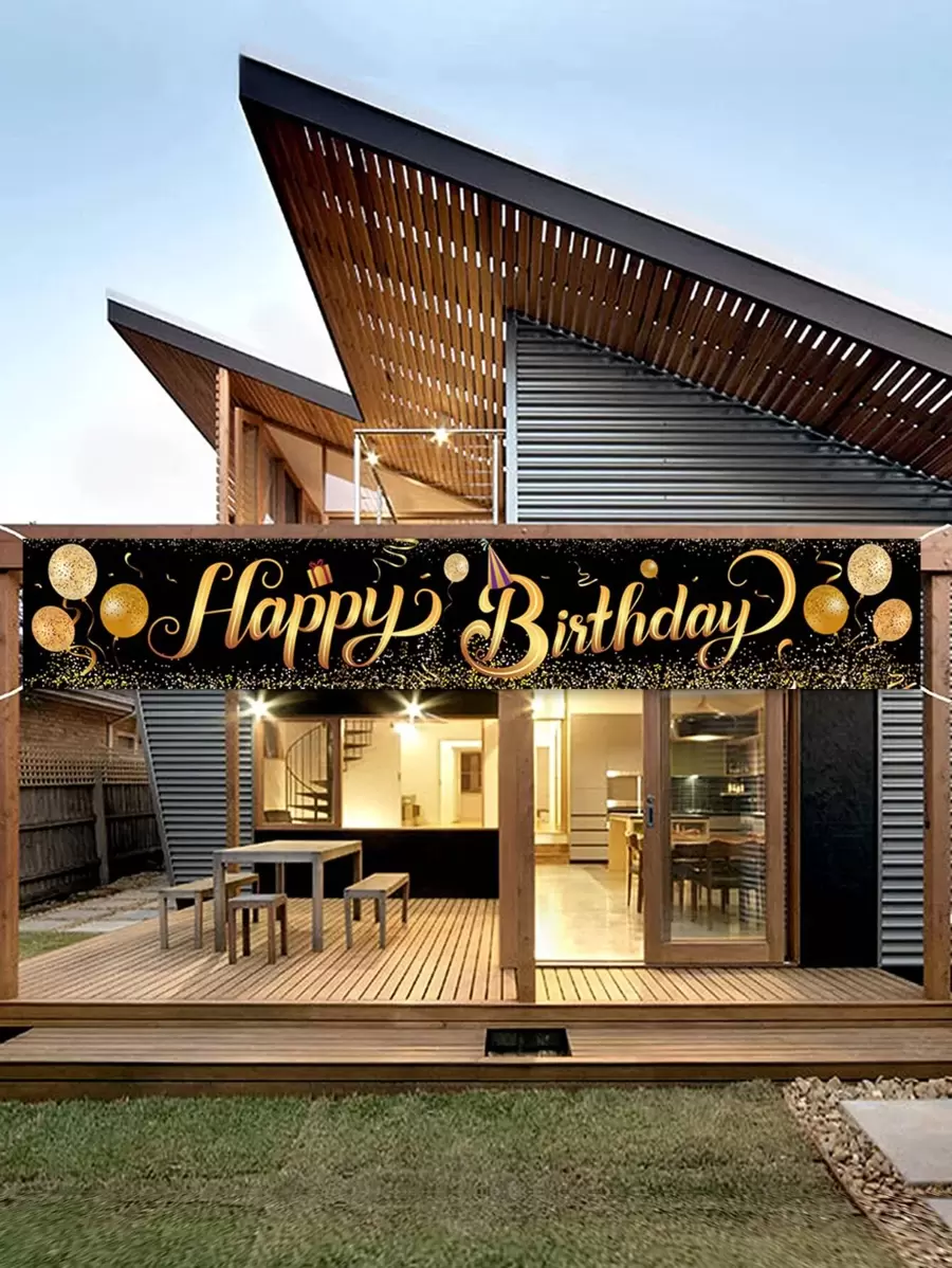 1pc 40*240cm Extended Version Black Gold Balloon Pattern Gesign Birthday Polyester Banner With "Happy Birthday", Background Cloth Perfect Decoration Birthday Party, Boy And Girl's Birthday Coming-Of-Age Ceremony Baby Shower Family Holiday Party Room Wall Decoration, Outdoor Fence Decoration - Multicolor - View 1