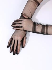 素色網紗手套 - 黑色 - 查看 2