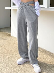 DAZY Cut Out Waist Slant Pockets Sweatpants,Women Joggers - Light Grey - View 1