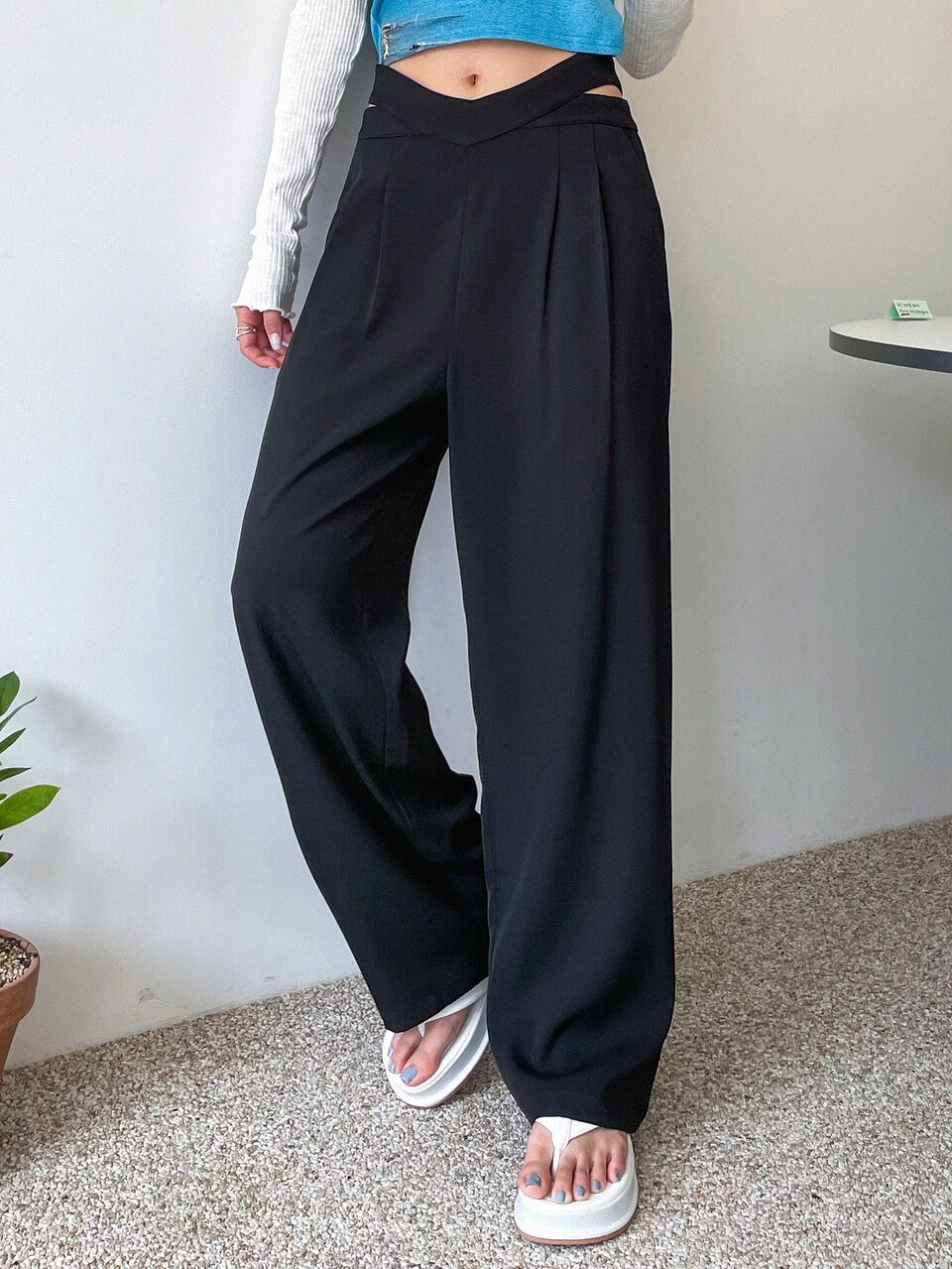 Cut Out Waist Plicated Detail Straight Leg Pants