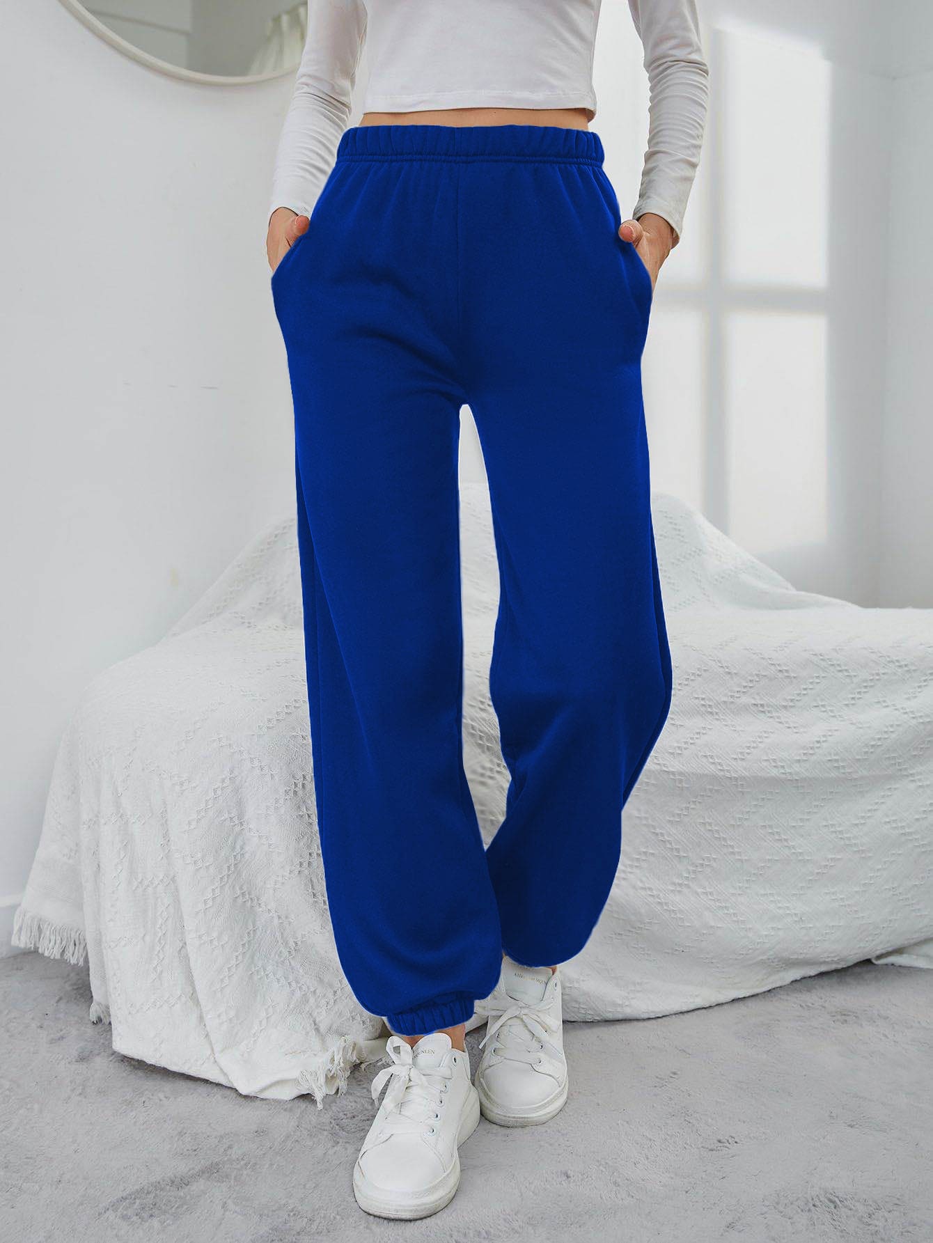 SHEIN EZwear Solid Elastic Waist Slant Pocket Joggers - Royal Blue - View 1