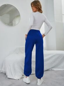 SHEIN EZwear Solid Elastic Waist Slant Pocket Joggers - Royal Blue - View 2