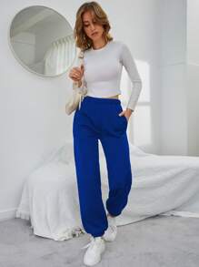 SHEIN EZwear Solid Elastic Waist Slant Pocket Joggers - Royal Blue - View 3