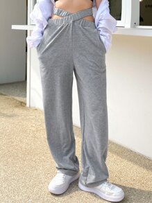 DAZY Cut Out Waist Slant Pockets Sweatpants,Women Joggers - Light Grey - View 8
