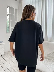 SHEIN Unity Drop Shoulder Letter Graphic Top - Black - View 2