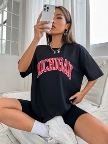 SHEIN Unity Drop Shoulder Letter Graphic Top - Black - View 3