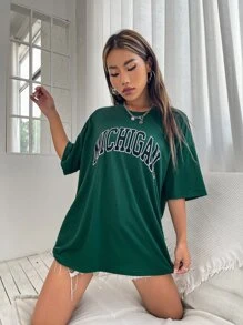 SHEIN Unity Camiseta unisex minimalista con texto curvo en inglés - Verde Oscuro - Ver 4