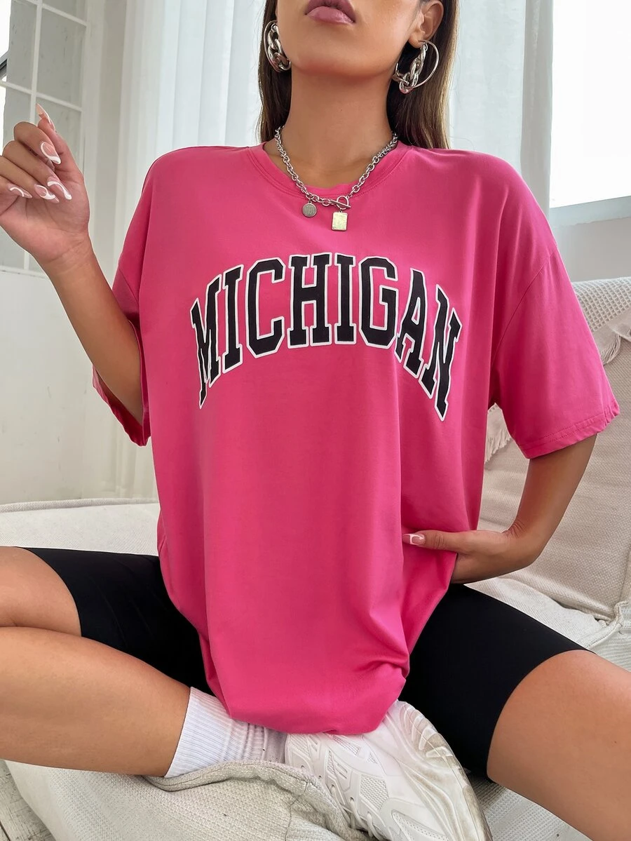 SHEIN Unity Drop Shoulder Letter Graphic Top - Hot Pink - View 1