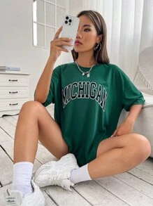 SHEIN Unity Camiseta unisex minimalista con texto curvo en inglés - Verde Oscuro - Ver 5