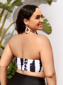 SHEIN Swim Curve Summer Beach Plus Tie Dye Tube Bikini Top - Black and White - View 2