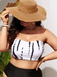 SHEIN Swim Curve Summer Beach Plus Tie Dye Tube Bikini Top - Black and White - View 4