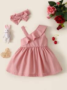 Bebé Vestido ribete con fruncido de cuello asimétrico con diadema - Rosa - Ver 1