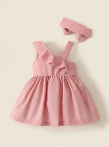 Bebé Vestido ribete con fruncido de cuello asimétrico con diadema - Rosa - Ver 2