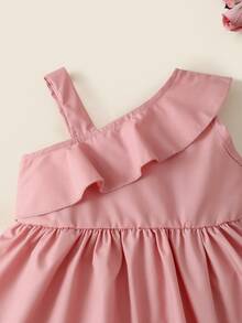 Bebé Vestido ribete con fruncido de cuello asimétrico con diadema - Rosa - Ver 3