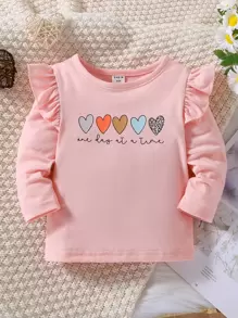 Bebé Camiseta con estampado de corazón y slogan ribete con fruncido - Rosa - Ver 1