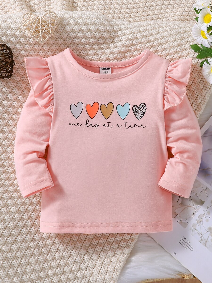 Bebé Camiseta con estampado de corazón y slogan ribete con fruncido - Rosa - Ver 1