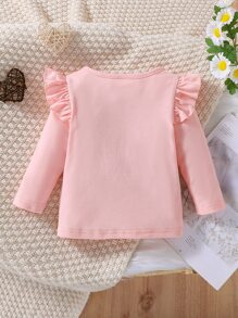 Bebé Camiseta con estampado de corazón y slogan ribete con fruncido - Rosa - Ver 2