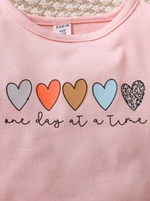 Bebé Camiseta con estampado de corazón y slogan ribete con fruncido - Rosa - Ver 3