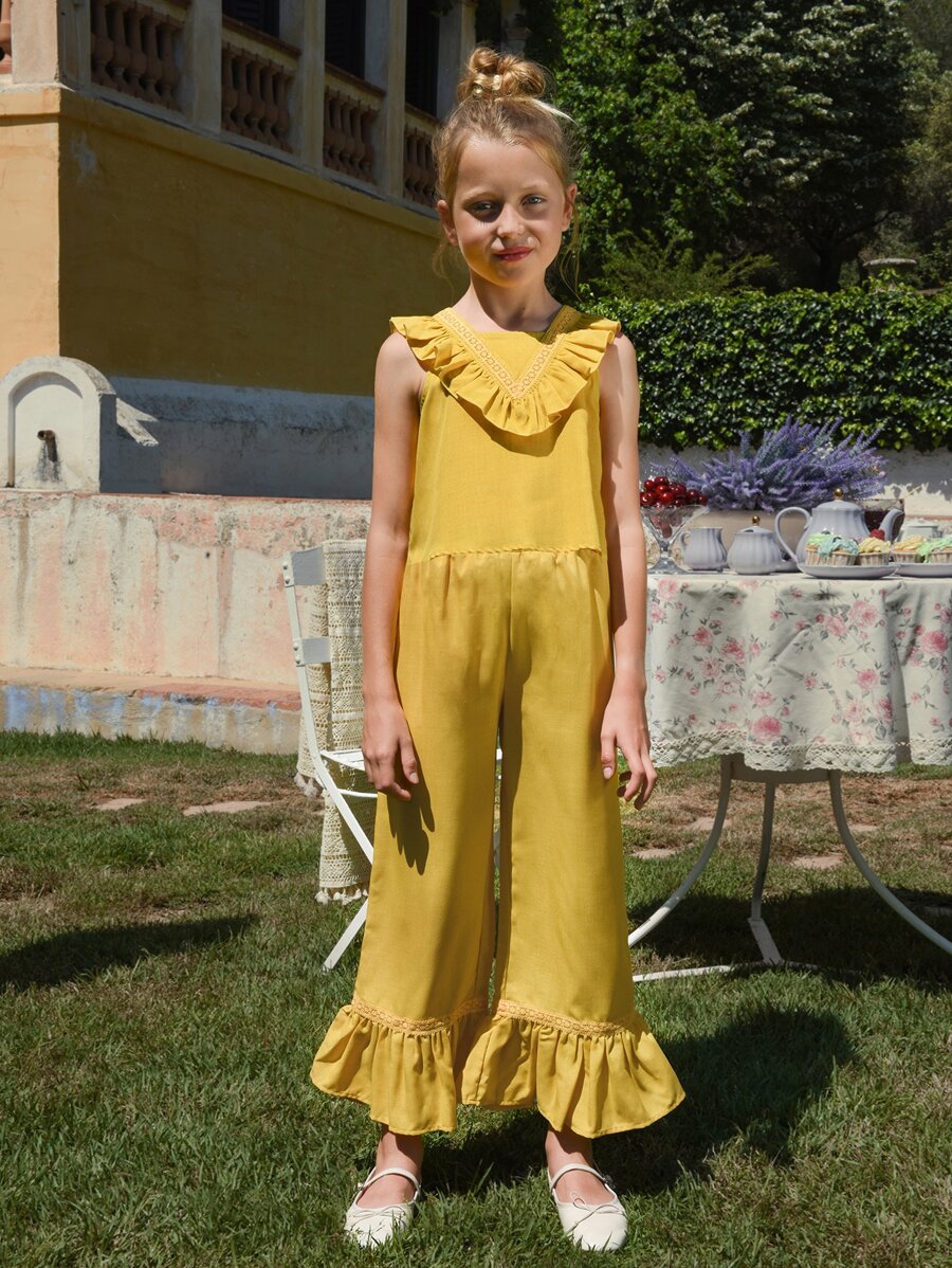 SHEIN Niñas fruncido Blusa & Pantalones de pierna ancha - Amarillo - Ver 1