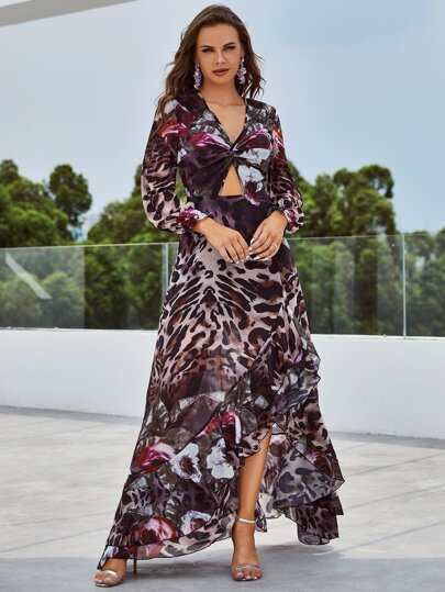 YISIKADO Vestido con estampado floral de leopardo girante con abertura bajo asimétrico de gasa