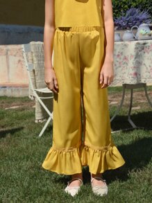 SHEIN Niñas fruncido Blusa & Pantalones de pierna ancha - Amarillo - Ver 5