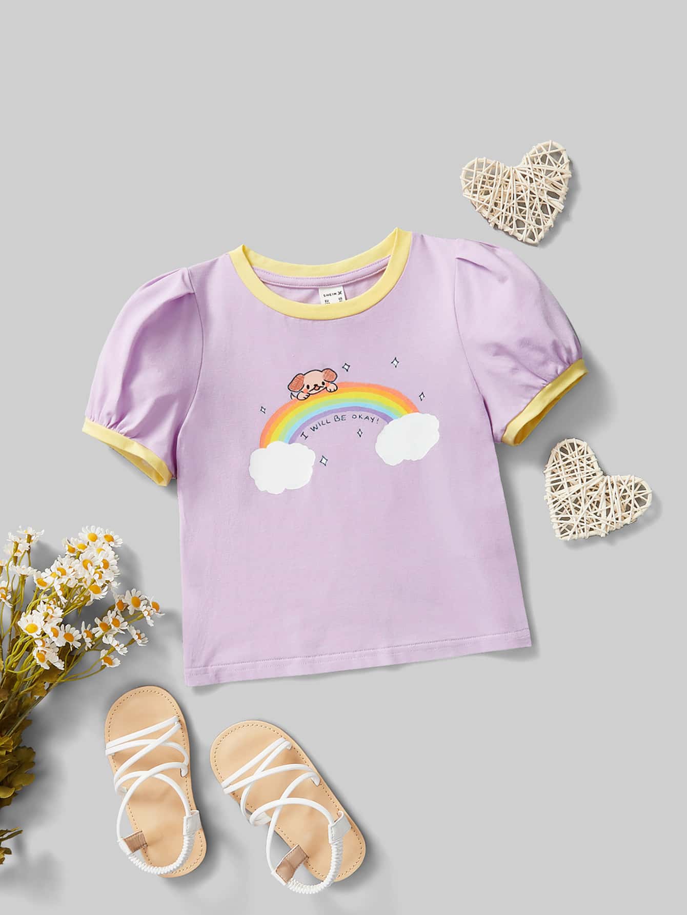 Shy Ghosties 小女童彩虹和標語圖案泡泡袖鑲邊T恤 - 紫丁香色 - 查看 1