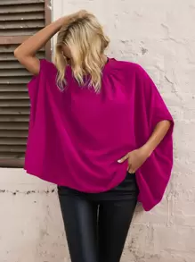 SHEIN Essnce Tie Back Batwing Sleeve Blouse - Hot Pink - View 3