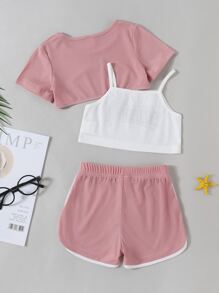 小女童前短後長T恤和字母圖案吊帶背心和短褲